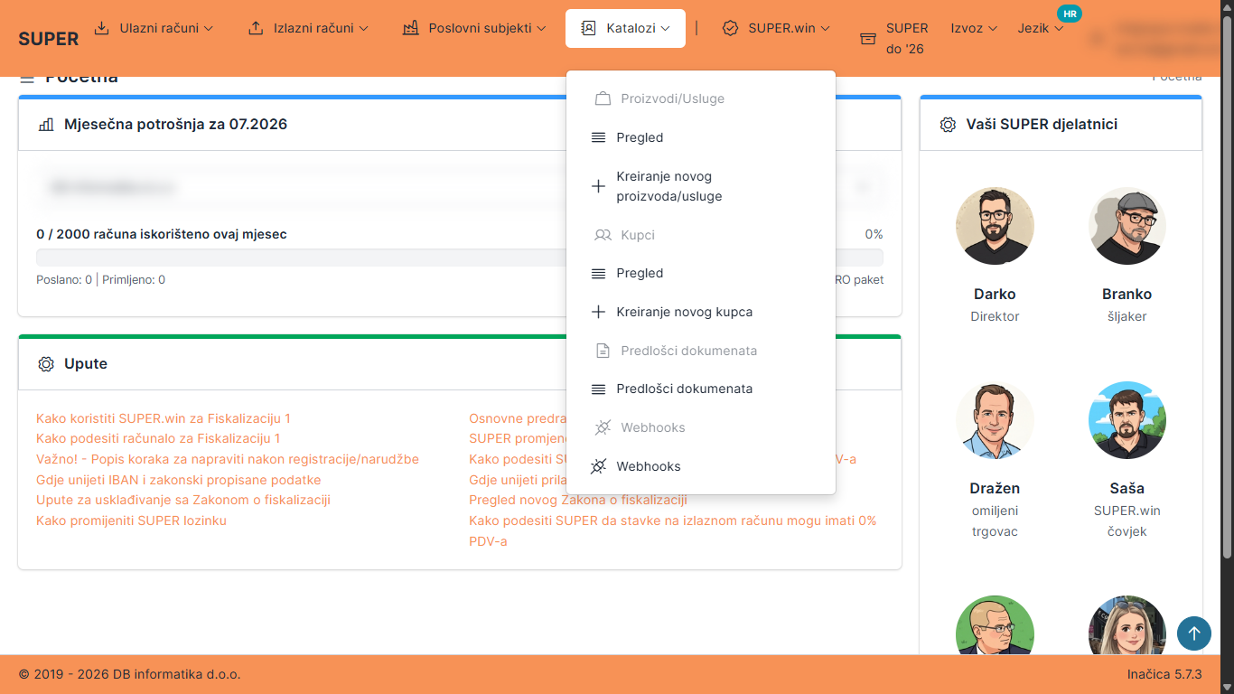 Stavka Webhooks u izborniku Katalozi