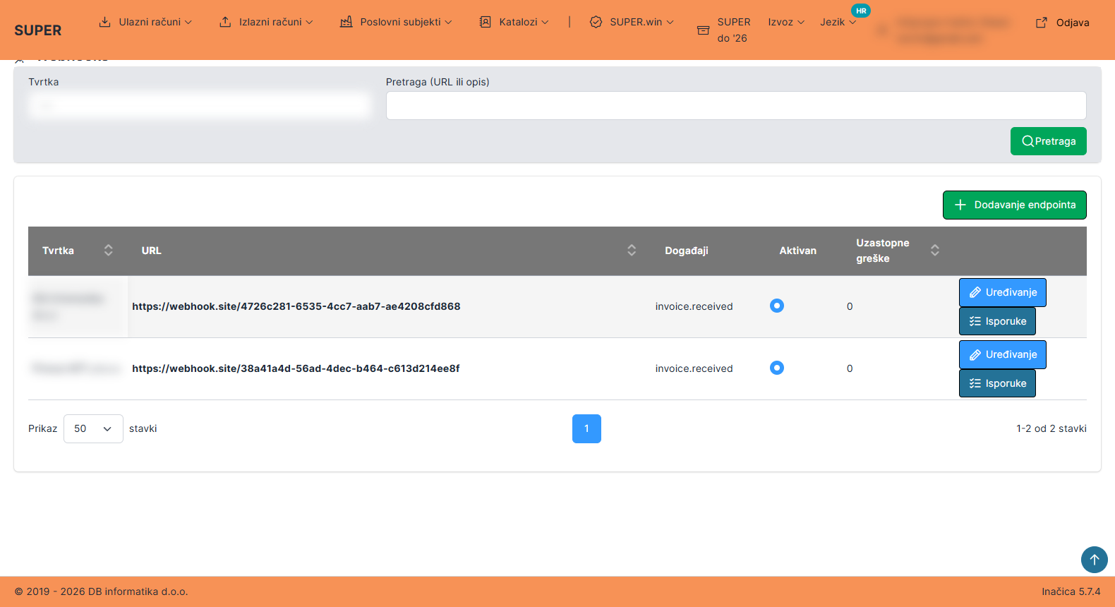 Lista webhook endpointa