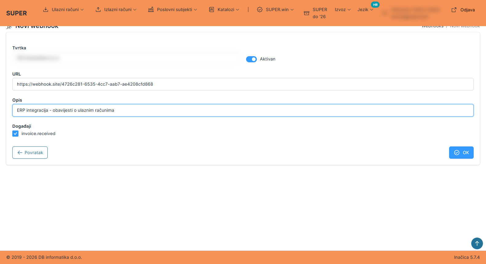 Forma za dodavanje webhook endpointa